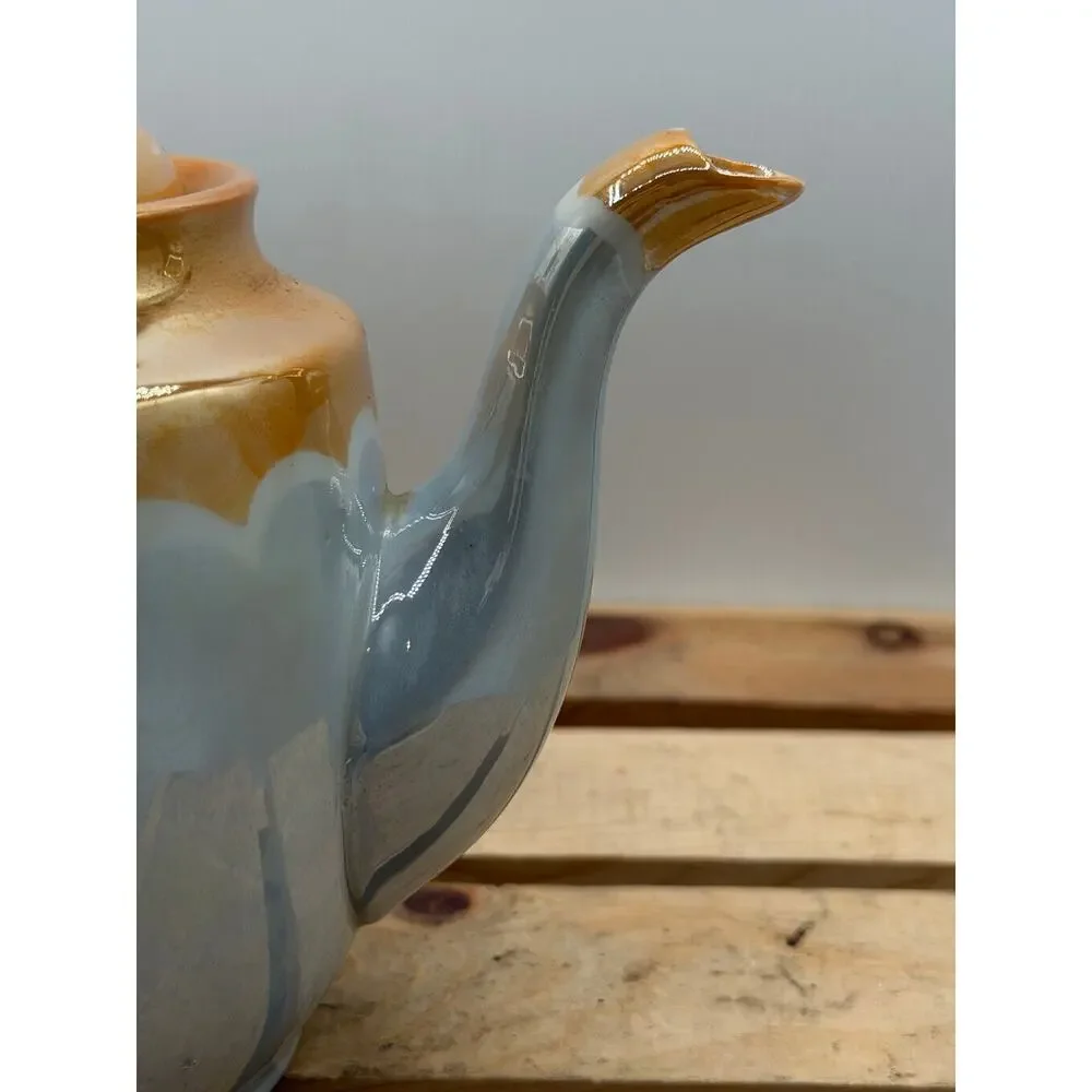 Vintage Hand-Painted Lustreware Teapot with Floral Design and Iridescent Finish